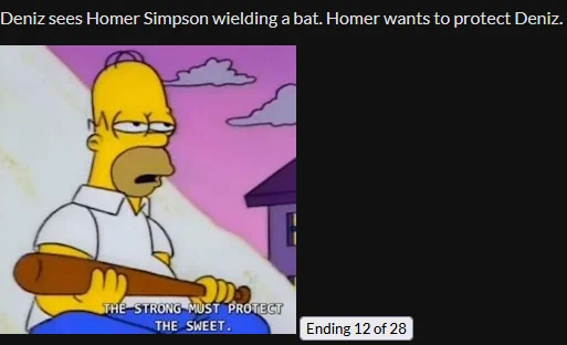 A screenshot of the game 'Totally Accurate Dating Simulator 2.' The image shows ending 12 of 28. Displayed within the image is a photo of Homer Simpson, looking tired, holding a bat, and sitting in front of a mountain of sugar. The caption reads 'the strong must protect the sweet.'